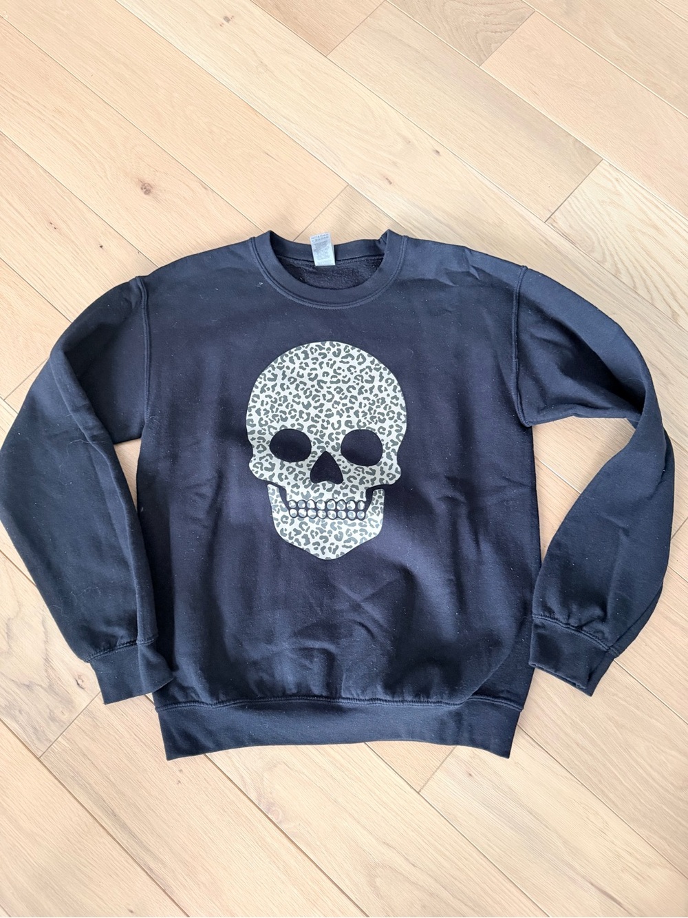 Pink Lily Black Crewneck with Leopard Skull Print